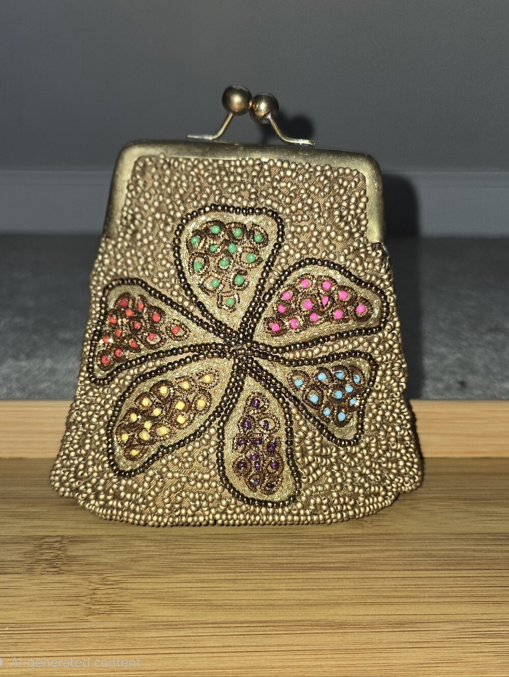 David Jefferey Beaded Gold Coin Purse with Colorful Gem Flower